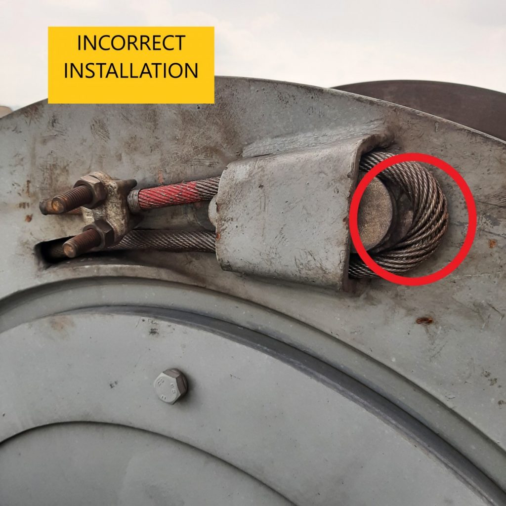 Incorrect wire rope installation on the drum